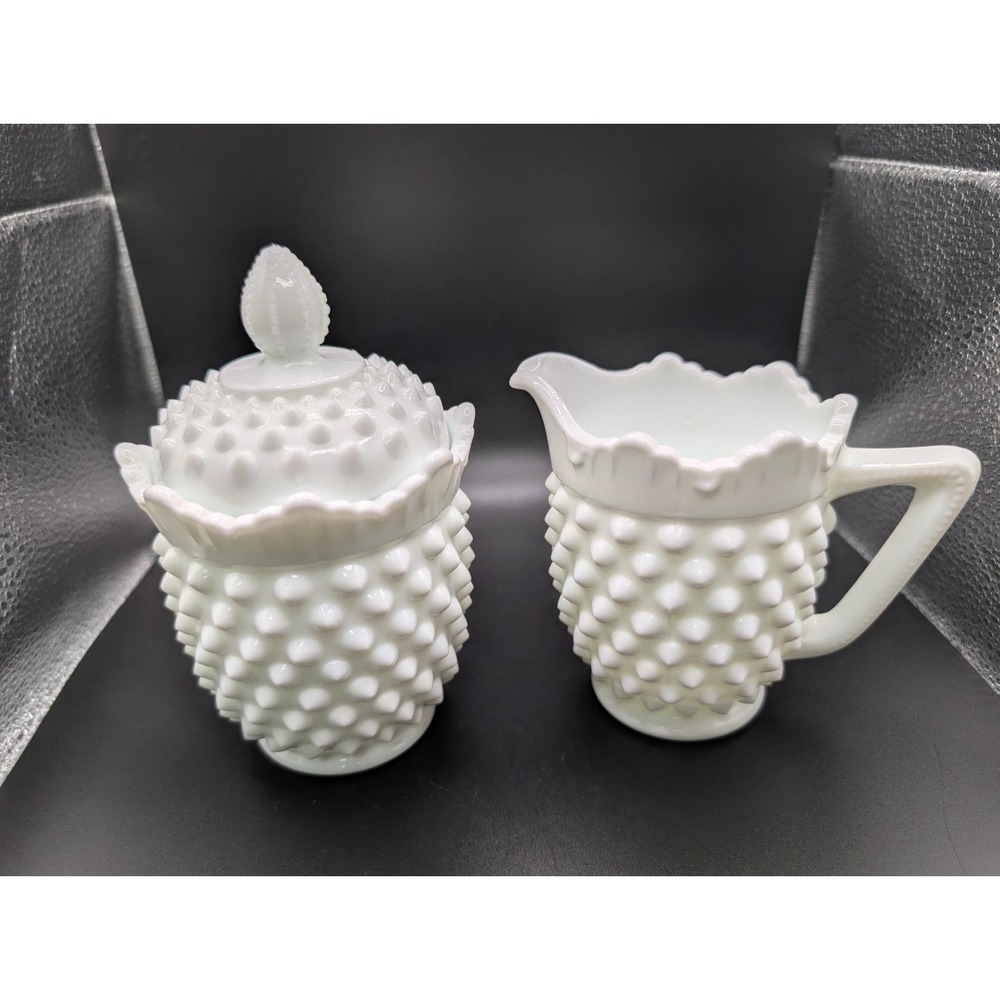 Vtg Fenton Hobnail White Milk Glass Full Star Ruffled Creamer and Sugar Bowl